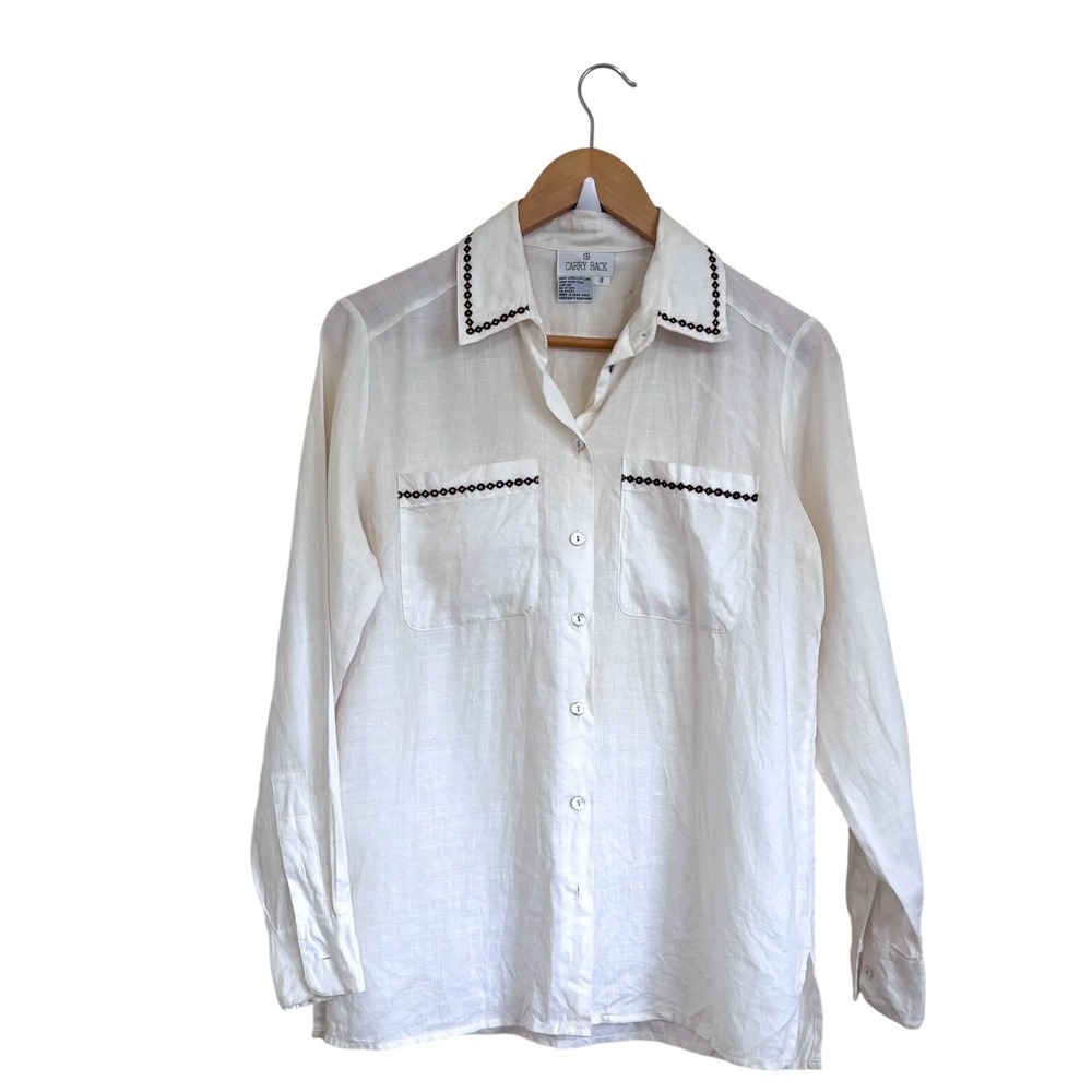 Carry Back Womens Vintage 100% Linen Shirt 6 White Euro Summer Coastal Button Up